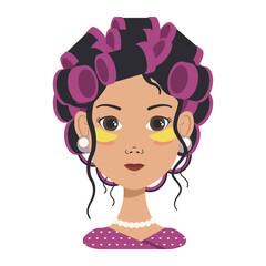 Avatars with different emotions. Girl with pink curlers and yellow patches. Fashion avatar in flat vector art