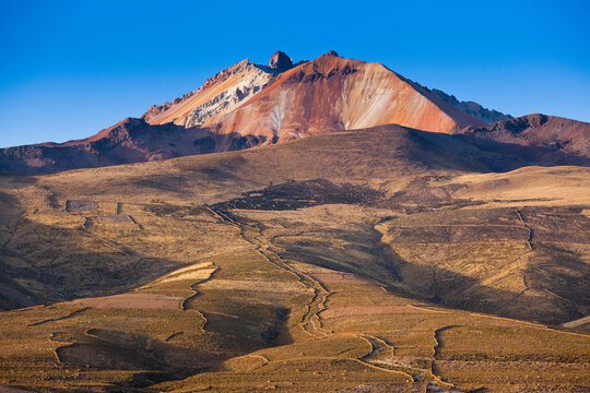 The crumbling summit of Mt. Thunupa volcano on Bolivia's Altiplano next to the Salar de Uyuni.  