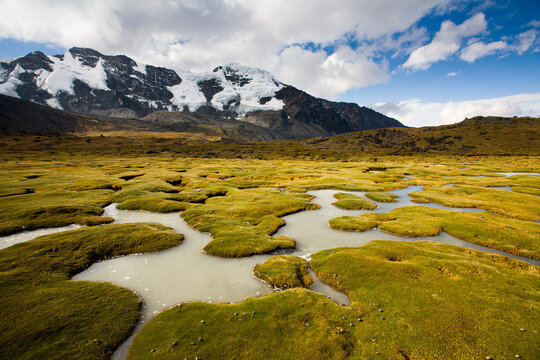 A high-altitude bog lies at 15,750'/4,800m and is across the way from Mt. Sunchuli and reflects the peaks of the Apolobamba Range in Bolivia during winter.