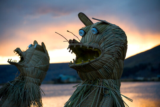 Reed boat on Lake Titicaca in Peru. 