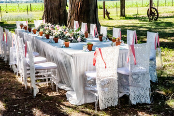 Decoración artesanal para tus fiestas, con silla plasticas en forma de cristal, tela de encaje, mesa de dulce, en cualquier lugar 