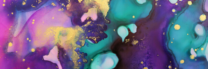 art photography of abstract fluid art painting with alcohol ink, blue, purple, green and gold colors