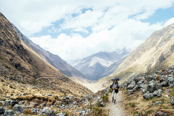 Fototapeta na wymiar Backpacking on the trail leading to Machu Picchu on the Salkantay Trek, Peru.