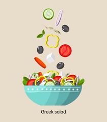 Greek salad on a plate with green lettuce leaves. flat vector illustration isolated on white background