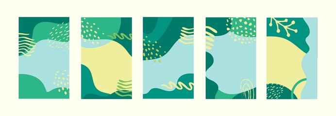 Set of abstract spring backgrounds. Isolated vector illustrations in shades of green.