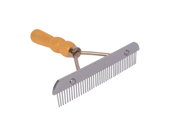 Stainless steel comb with wooden handle for combing pet hair. Isolated on a white background.