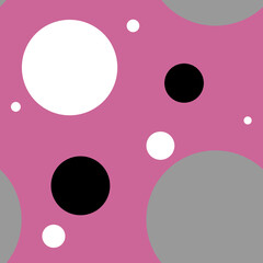 Seamless pattern of white, gray and black circles on pink background.