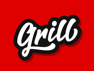 Vector illustration of Grill logo with hand sketched lettering isolated on red background. Design concept, template, element