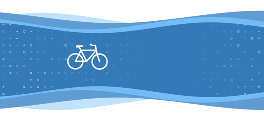 Obraz na płótnie Canvas Blue wavy banner with a white bicycle symbol on the left. On the background there are small white shapes, some are highlighted in red. There is an empty space for text on the right side