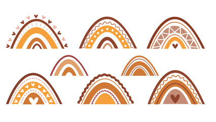 Boho art style colorful rainbows set. Hand drawn rainbows in different shapes. Scandinavian style. Cartoon vector illustration in children's drawings. Vintage rainbow set.