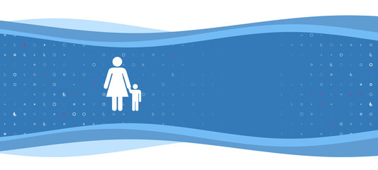 Obraz premium Blue wavy banner with a white woman with child symbol on the left. On the background there are small white shapes, some are highlighted in red. There is an empty space for text on the right side