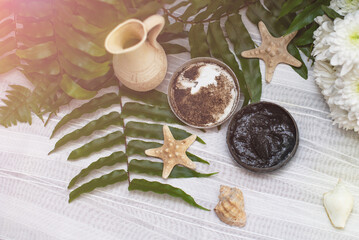 image of homemade cosmetics ingredients. aroma theme. Black mask, clay.