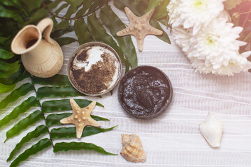 image of homemade cosmetics ingredients. aroma theme. Black mask, clay.