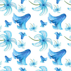 Fototapeta na wymiar Watercolor illustration. Seamless pattern on a white background from hyacinths with a blue flowers. Blooming blue hyacinths in a seamless design for paper, textile, background