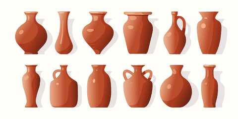 Clay vases of various types. Antique amphora in vector form. Vector illustration of a set of dishes in a cartoon style.