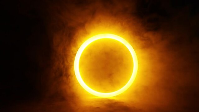 Sci Fi modern. Futuristic smoke. Neon color geometric circle on a dark background. Round mystical portal.