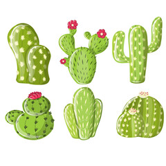 Vector set of green cactus plants. Isolated elements for design. Cartoon cactus set. Vector set of bright cacti and aloe. Colored, bright cacti flowers isolated on white background.