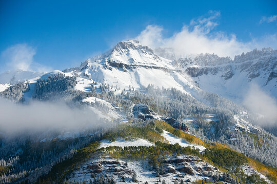 A late fall storm left a foot of fresh powder on Mt. Emma in The San Juan Mountains around Telluride, Colorado.  