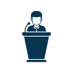 Man speaks from podium tribune. Public speaking icon concept isolated on white background. Vector illustration