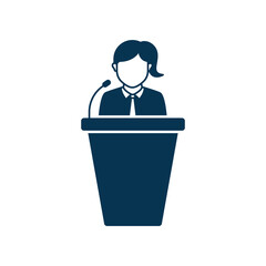 Woman speaks from podium tribune. Public speaking icon concept isolated on white background. Vector illustration