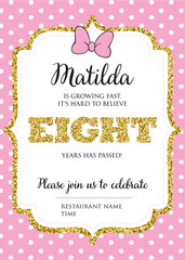 Birthday invitation for girl, eight years old party. Printable vector template with pink background with white polka dots, invite with text.