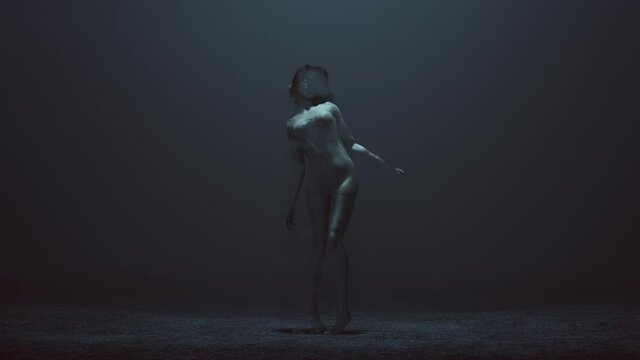 Pale Sexy Zombie with White Eyes Staggering in a T Shirt in a foggy void with a Bad Hair Day 3d Illustration animation