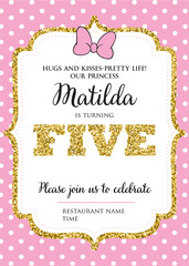 Birthday invitation for girl, five years old party. Printable vector template with pink background with white polka dots, invite with text.