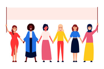 Diverse international and interracial group of standing women. For girls power concept, femininity and feminism ideas, women s empowerment, and role card design