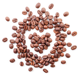 Heart shaped coffee grains on white background, isolated. The view from top