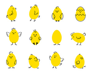 Cute cartoon chicken set. Funny yellow chickens in different poses, vector illustration