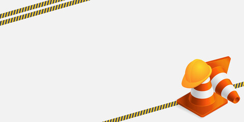 
Vector background with orange plastic traffic cones, construction helmet, safety tape and copyspace. Under construction template on light gray background. Vector illustration.