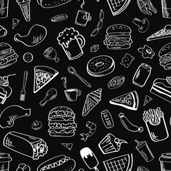 Food, seamless pattern. Vector illustration on a black background