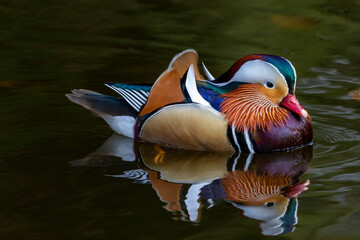 Mandarin duck (Aix galericulata), male drake with colorful feathers, reflected in water. Bird with...