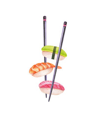 Illustration with sushi and chopsticks, drawn with watercolors and pencils and isolated on a white background. Japanese food: nigiri sushi with tuna fish, shrimp and avocado.