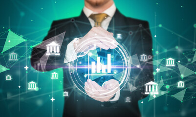 Businessman holdig business icons