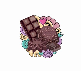 Valentine's day holiday background. heart with golden bow and chocolate sweets. Decorative elements for holiday design.