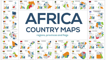 Set of maps of the countries of Africa. Image of global maps in the form of regions regions of African countries. Flags of countries. Timeline infographic. Easy to edit