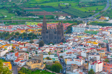 Sunset aerial view of Arucas town at Gran Canaria, Canary Islands, Spain