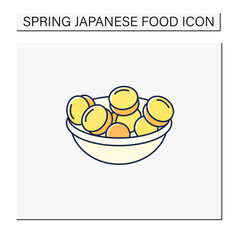 Ume color icon.Salted Japanese plums.Umeboshi fruit into bowl.Spring Japanese food concept. Isolated vector illustration