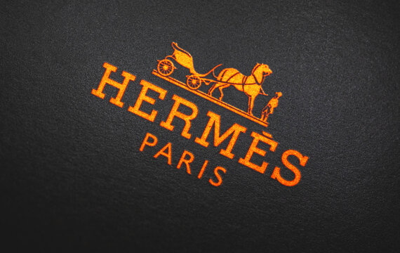 Kharkov, Ukraine - March 23, 2021: Hermes Paris logo close-up on a black background
