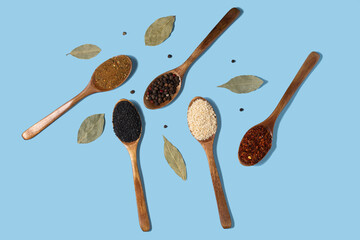 photo collage of wooden spoons with spices on a blue background