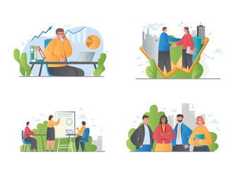 Set of four designs in a Business series showing teamwork, office and handshake