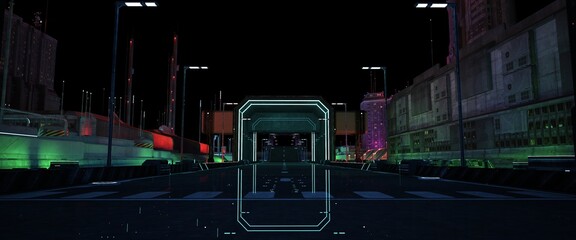 Dark neon night in a cyberpunk city. Neon lights reflecting in an empty highway. Night scene in a cyberpunk style. Futuristic city. 3D illustration. Industrial urban wallpaper.