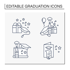 Graduation line icons set. Graduation party, gift, online party, card. Studying concept. Isolated vector illustrations.Editable stroke