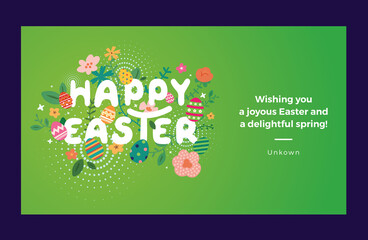 Fototapeta na wymiar Happy easter greeting card. Easter spring hand drawn flowers background. Colorful Happy Easter greeting card with flowers and eggs. 