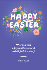 Happy easter greeting card. Easter spring hand drawn flowers background. Colorful Happy Easter greeting card with flowers and eggs. 