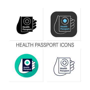 Health passport icons set. Personal medical document. Vaccination passport. Keeps documentation in hand. Collection of icon in liner, glyph, chalk, flat styles. Isolated vector illustrations