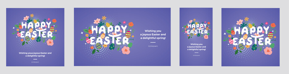 Happy easter greeting card. Easter spring hand drawn flowers background. Colorful Happy Easter greeting card with flowers and eggs. 