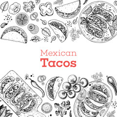 Tacos hand drawn illustration. Mexican cuisine frame. Fast food menu design elements. Tacos hand drawn frame. Mexican food.