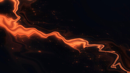 Neon liquid on a black background. Liquid abstraction, neon light, particles. Lava volcano, night view. 3D illustration. 
